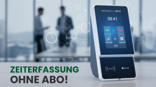 Moderne Zeiterfassung ohne Abo mit Terminal und Laptop im Büro