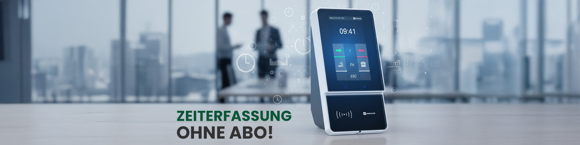 Moderne Zeiterfassung ohne Abo mit Terminal und Laptop im Büro